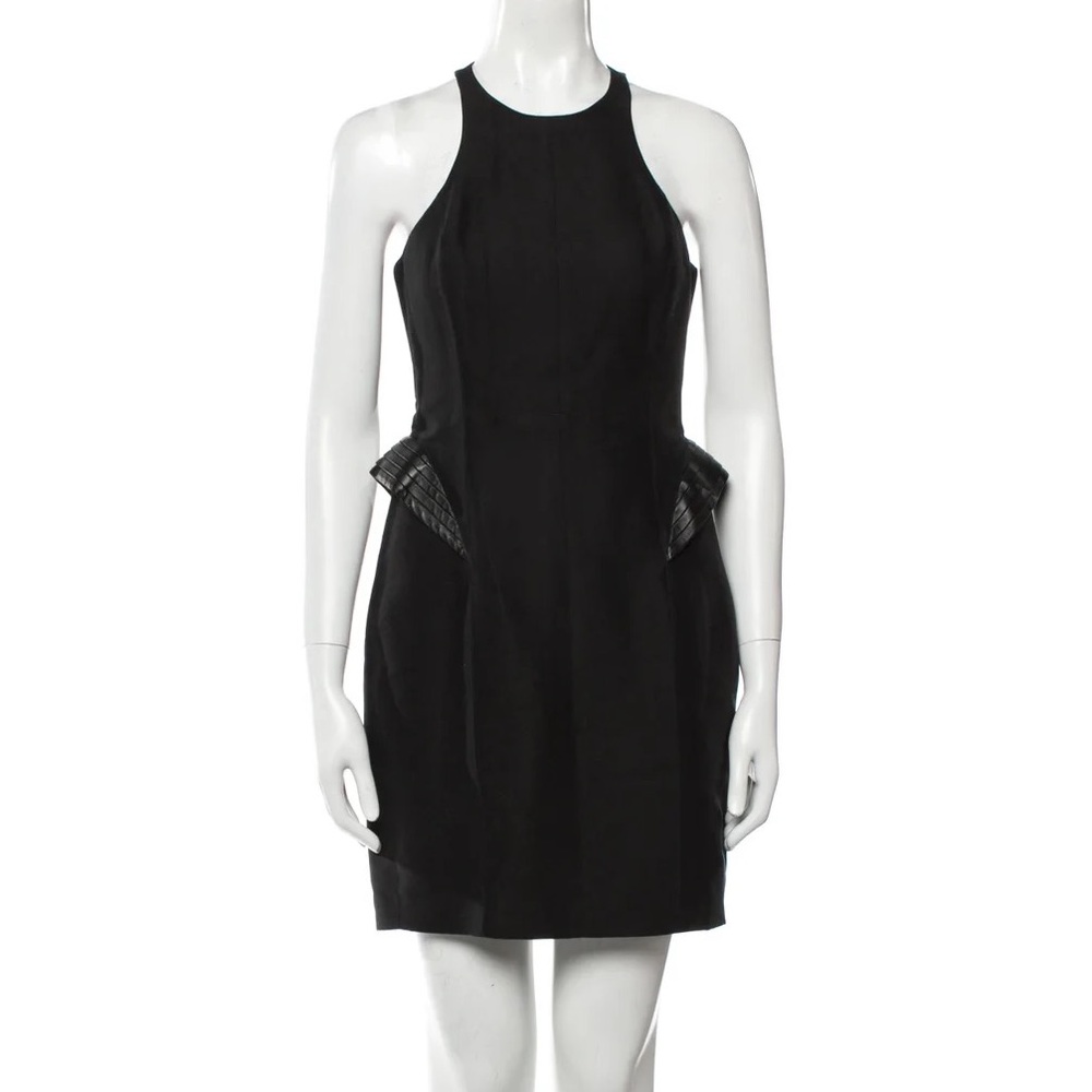 Halston Heritage crewneck sleeveless little black dress w/leather peplum detail
